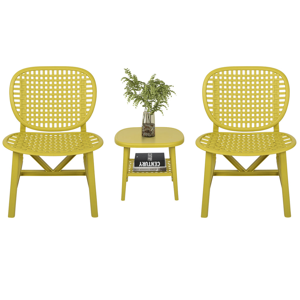 Leoglint 3 Pieces Hollow Design Patio Table Outdoor Chair Set All Weather Conversation Bistro Set Outdoor Coffee Table with Open Shelf and Lounge Chairs with Widened Seat for Balcony Garden Yard Yellow