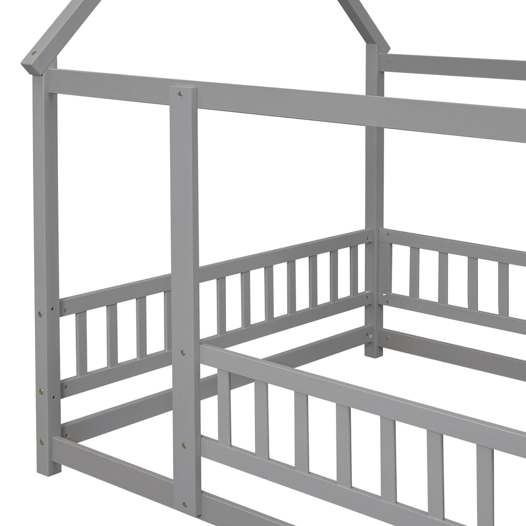 Leoglint Bed Frame Full Size Floor Wooden Bed with House Roof Frame, Fence Guardrails ,Grey