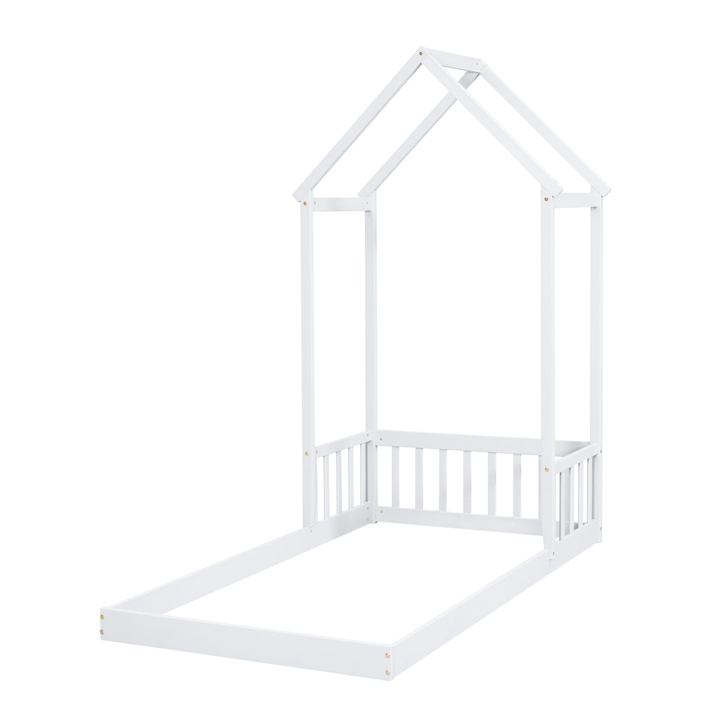 Twin House-shaped Roof Headboard Floor Bed Frame,,(without slats),White