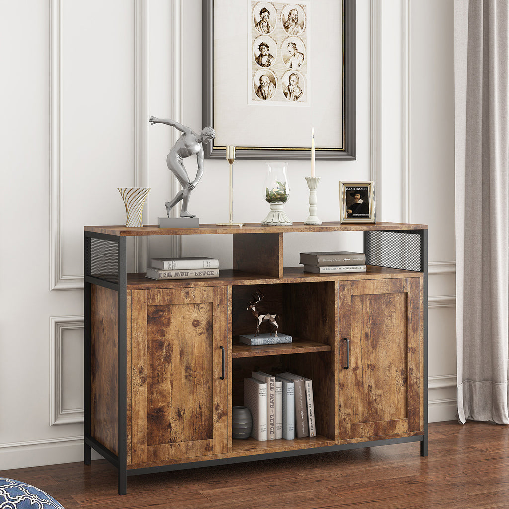 Leoglint Sideboard, storage cabinet with open shelves for kitchen dining room living room, industrial style, Rustic Brown, 43.7x15.74x31.5Inches