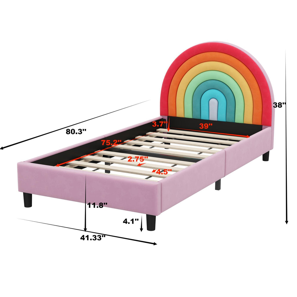 Rainbow Design Upholstered Twin Platform Bed Frame Cute Style Princess Bed for Boys & Girls, Teens, Colorful & Pink