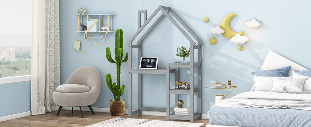 Leoglint House-shaped Wooden writing Desk,Kids study Table,Bookshelf & Toy Storage,Grey