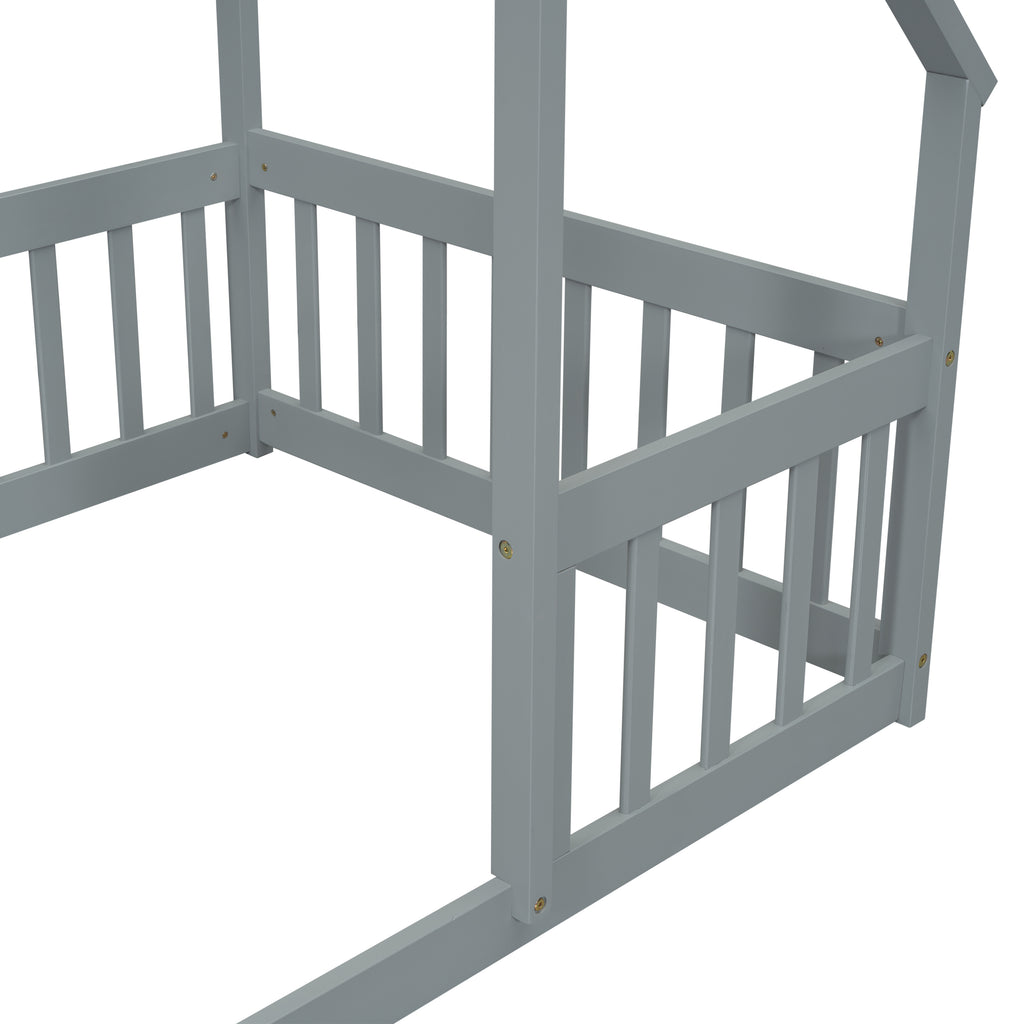 Twin Wood House-Shaped Floor Bed with Fence, Guardrails ,Grey