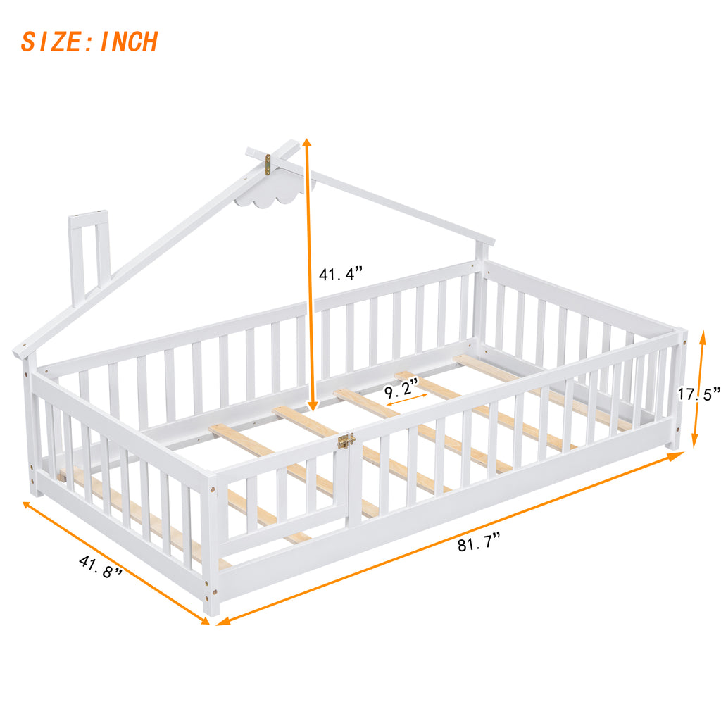 Twin House-Shaped Bedside Floor Bed Frame with Guardrails, Slats, with Door,White