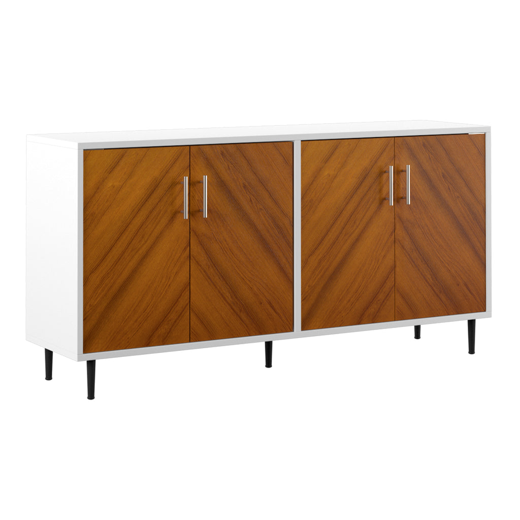 Leoglint Sideboard Mid-Century Modern Faux-Bookmatch Door Buffet - White/Teak