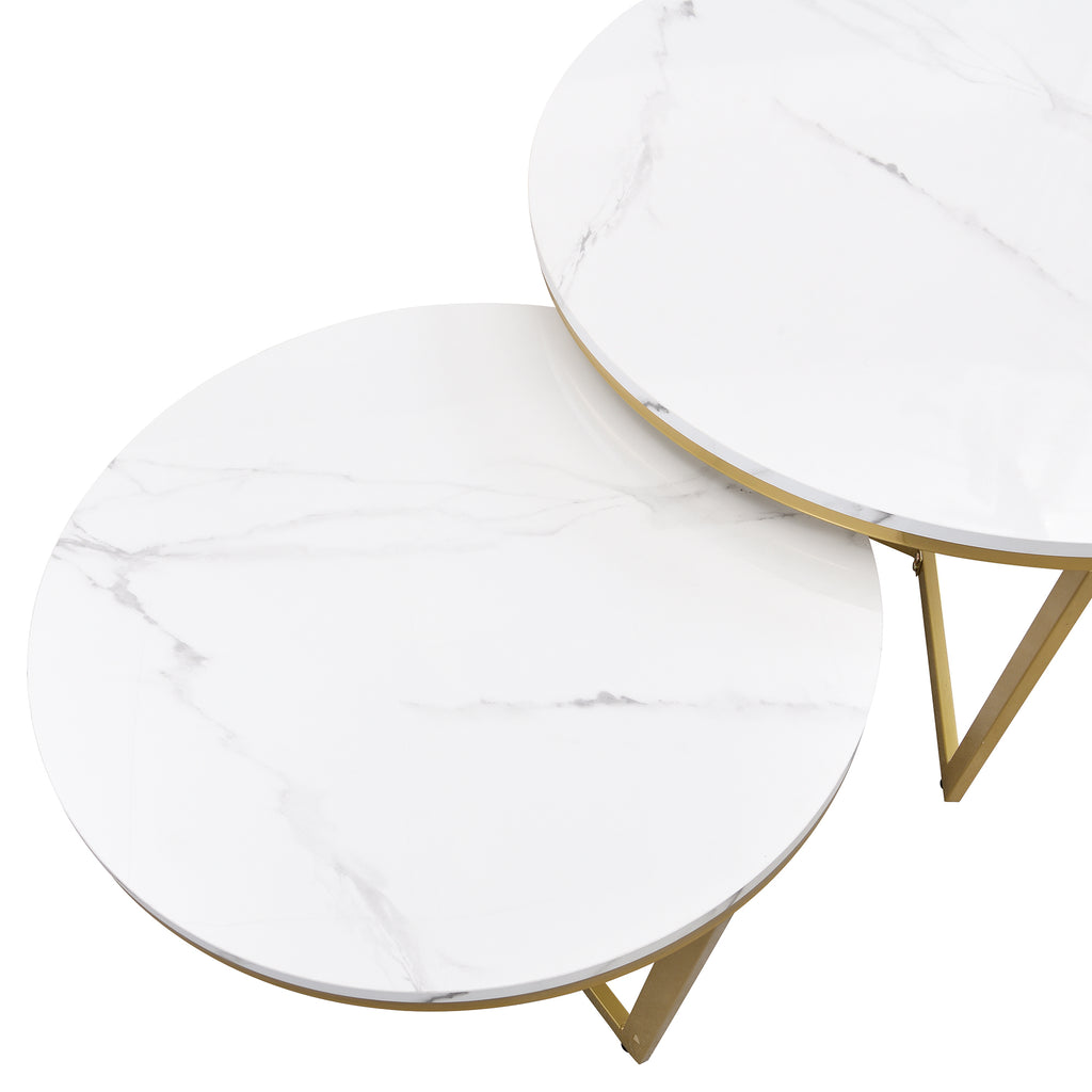 Leoglint Modern Round Nesting Coffee Table Set 2-Piece White & Marbling Top Gold Base