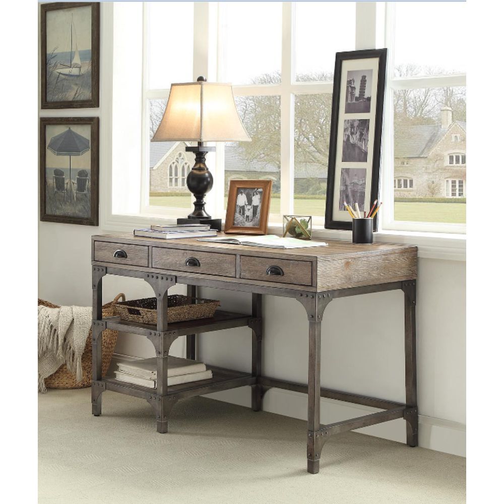 Leoglint ACME Gorden Office Desk in Weathered Oak & Antique Silver 92325