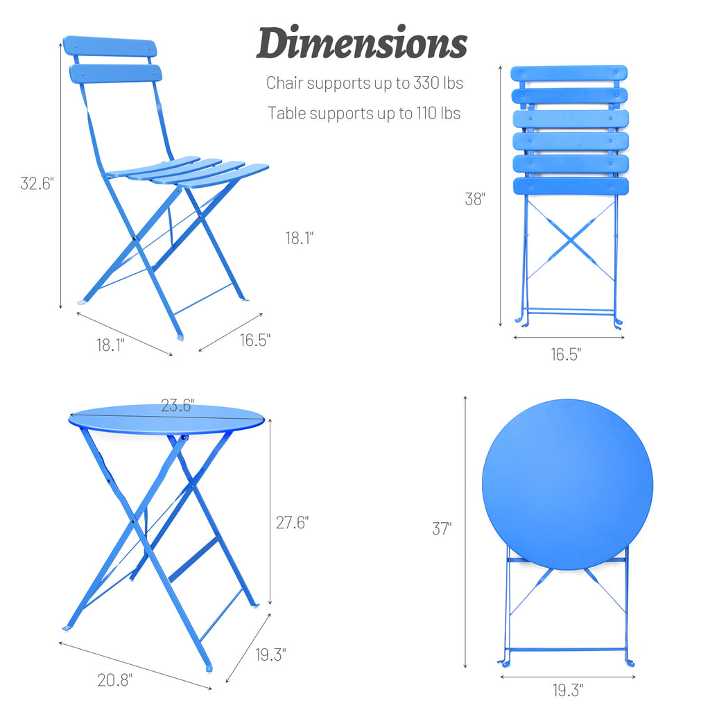 Leoglint 3 Pieces Patio Bistro Balcony Metail Outdoor Chair Table Set-Blue