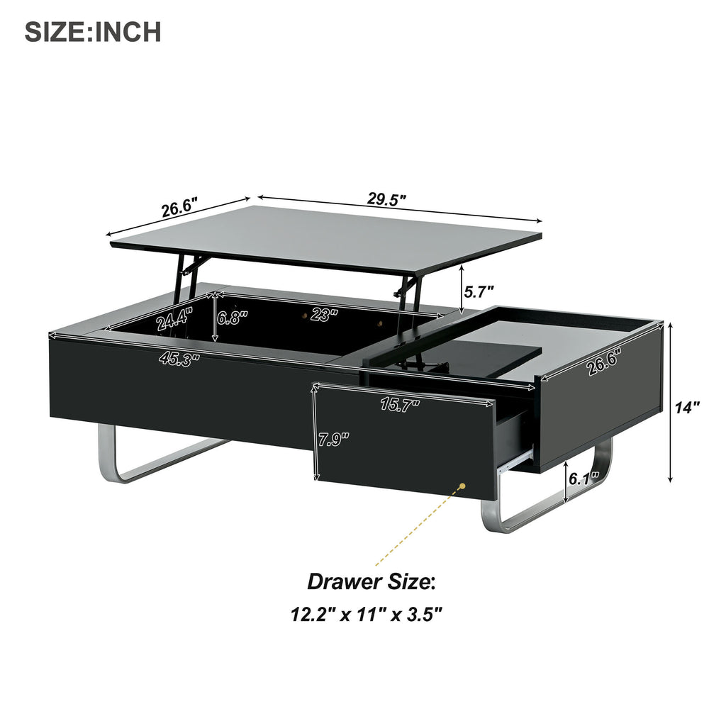 Leoglint [VIDEO provided] ON-TREND Multi-functional Coffee Table with Lifted Tabletop, Contemporary Cocktail Table with Metal Frame Legs, High-gloss Surface Dining Table for Living Room, Black