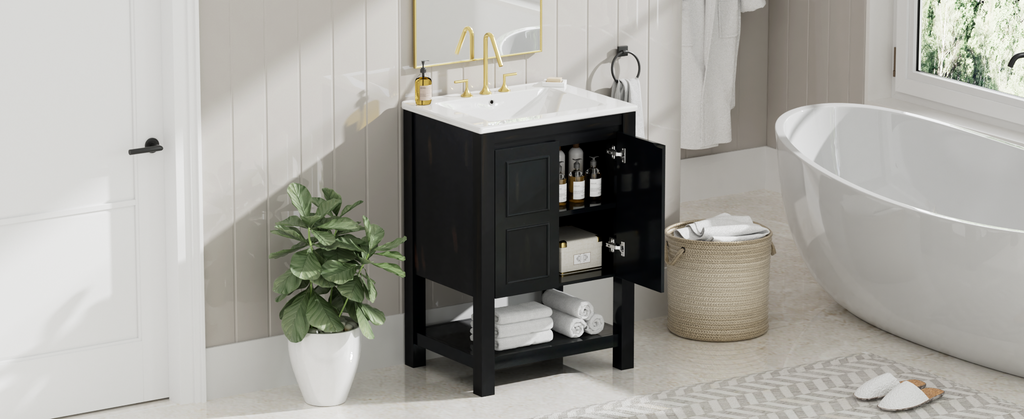 Leoglint 24x18.3x34.7 Inches Compact Vintage Style Bathroom Vanity Cabinet and Ceramic Sink Combo with Open Shelf-2 Soft-close Doors