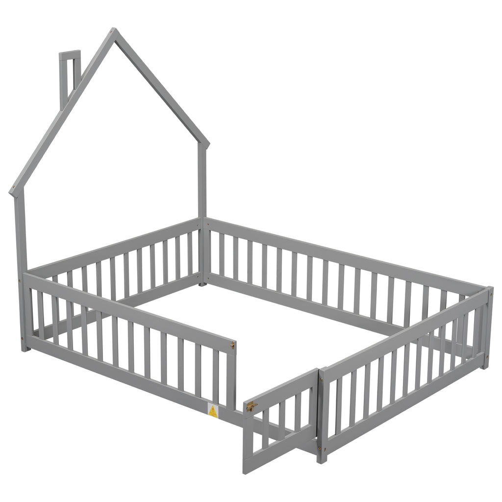 Leoglint Bed Frame Full House-Shaped Headboard Floor Bed with Fence ,Grey