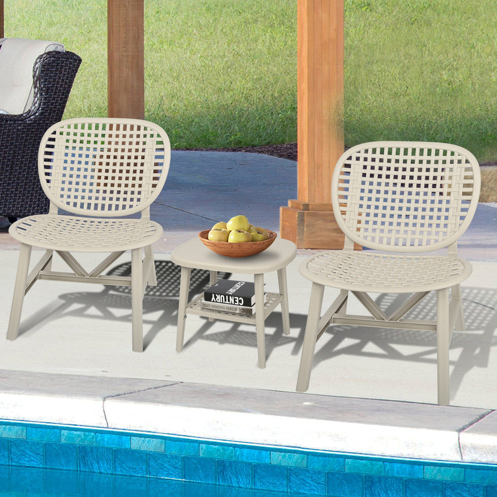 Leoglint 3 Pieces Hollow Design Retro Patio Table Outdoor Chair Set All Weather Conversation Bistro Set Outdoor Table with Open Shelf and Lounge Chairs with Widened Seat for Balcony Garden Yard White