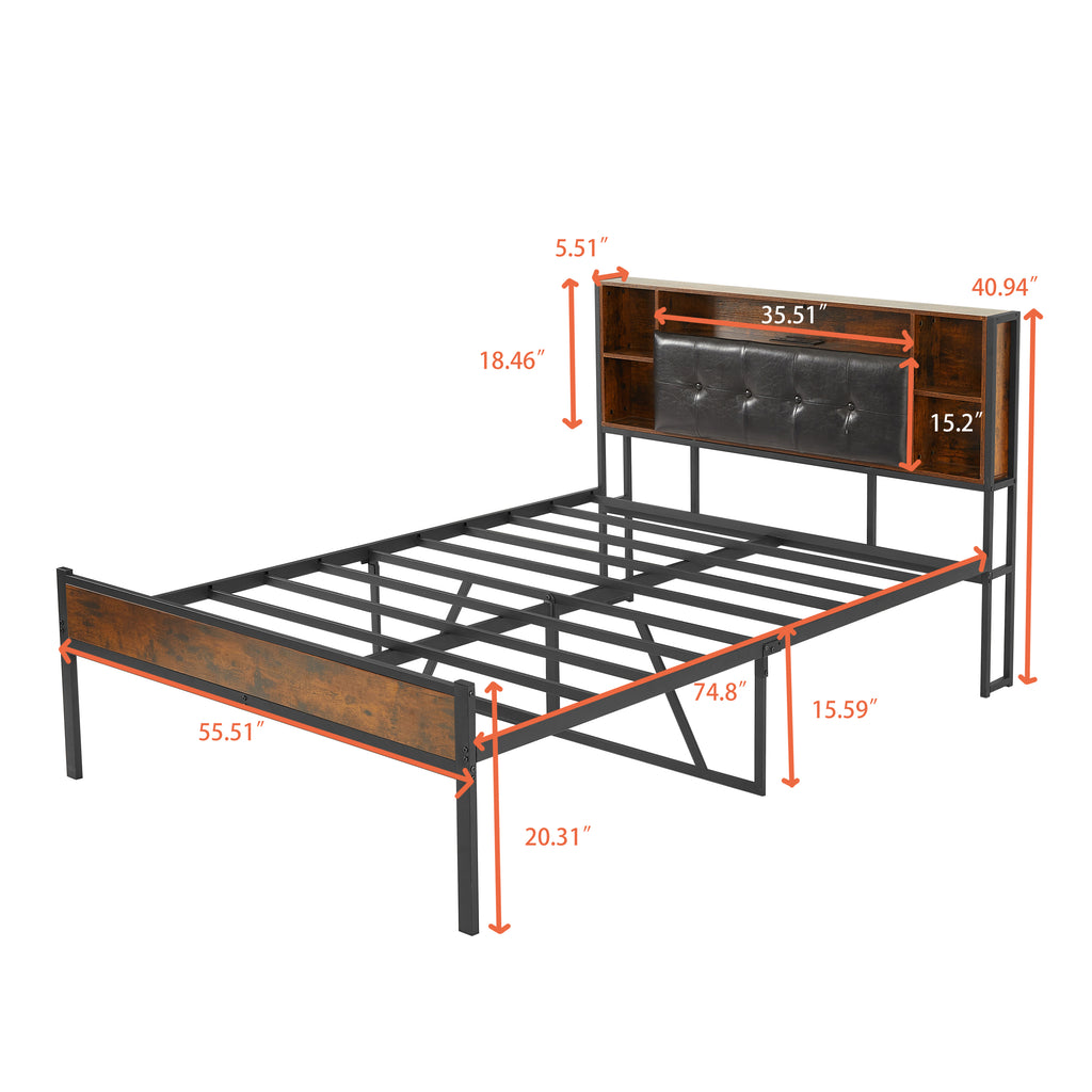 Leoglint Bed Frame with Storage Headboard/USB Charging Station,Metal Platform Bed Frame Full Size No Box Spring Needed,Noise-Free,Strong Steel Slats Support,Rustic Brown