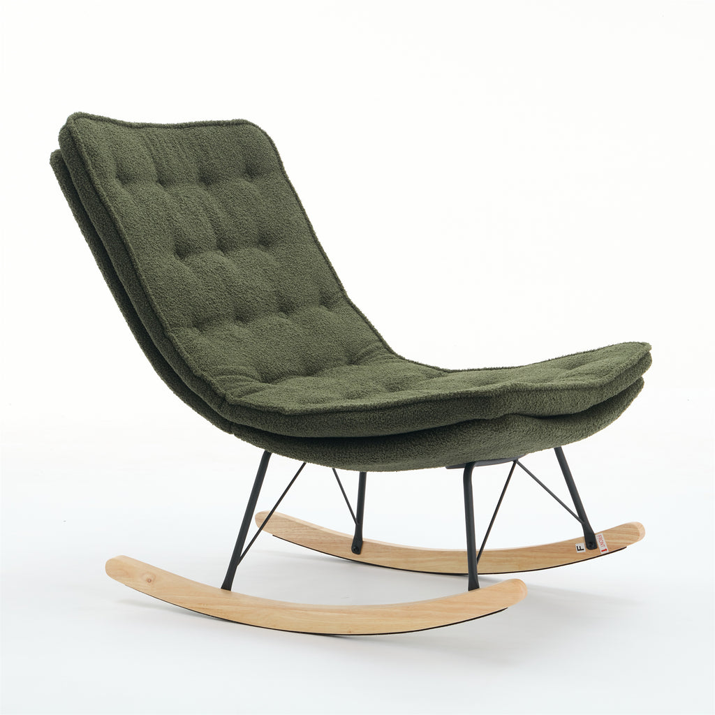 Leoglint Lazy Rocking Outdoor Chair,Comfortable Lounge Chair with Wide Backrest and Seat Wood Base, Upholstered Armless Rocker Chair for Living room, Balcony,Bedroom and Patio Porch. (DARK GREEN)