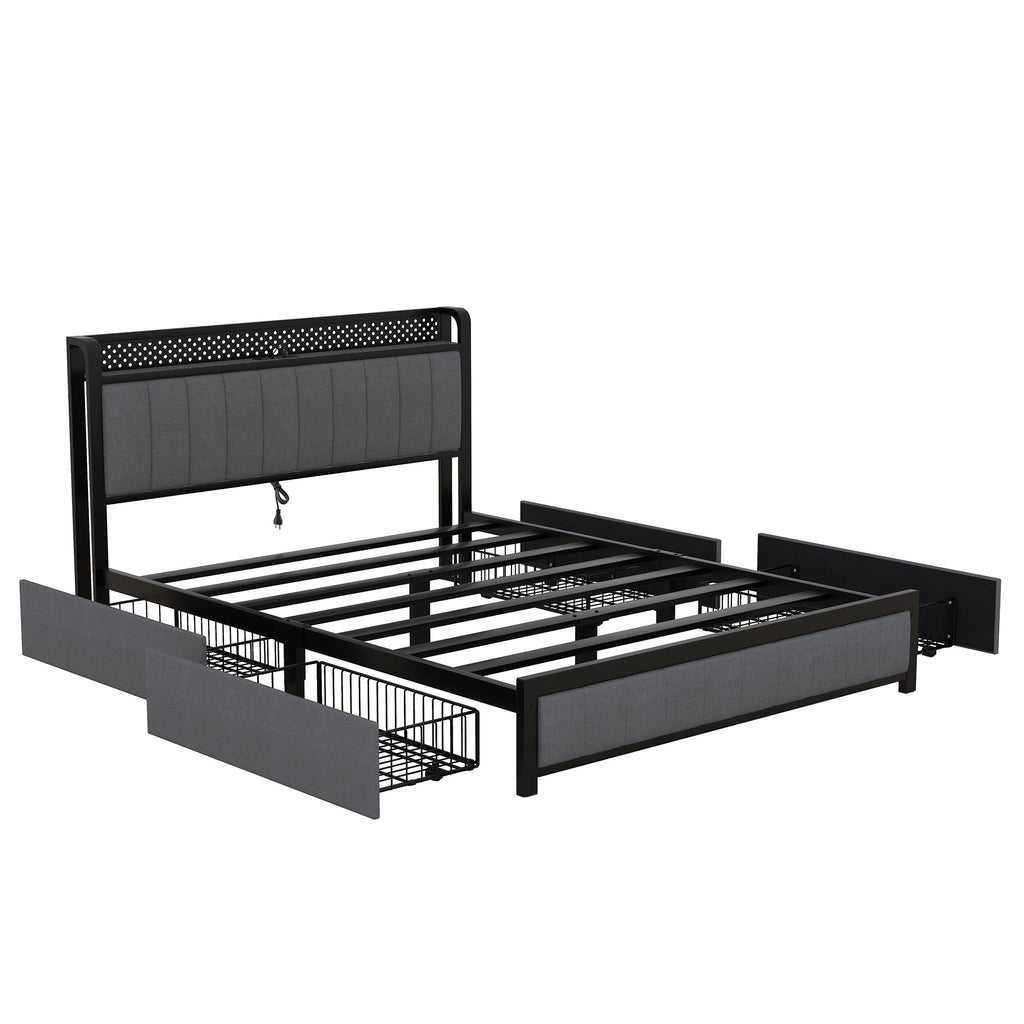 Queen Bed Frame with LED Headboard, Upholstered Bed with 4 Storage Drawers and USB Ports, Dark Grey