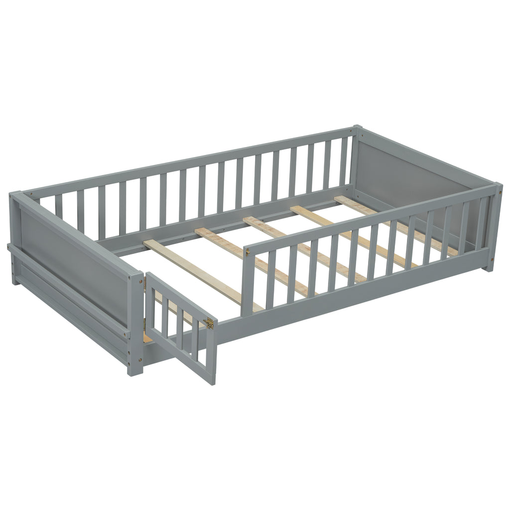 Leoglint Twin size Floor Platform Bed Frame with Built-in Book Storage Rack, Door,Grey