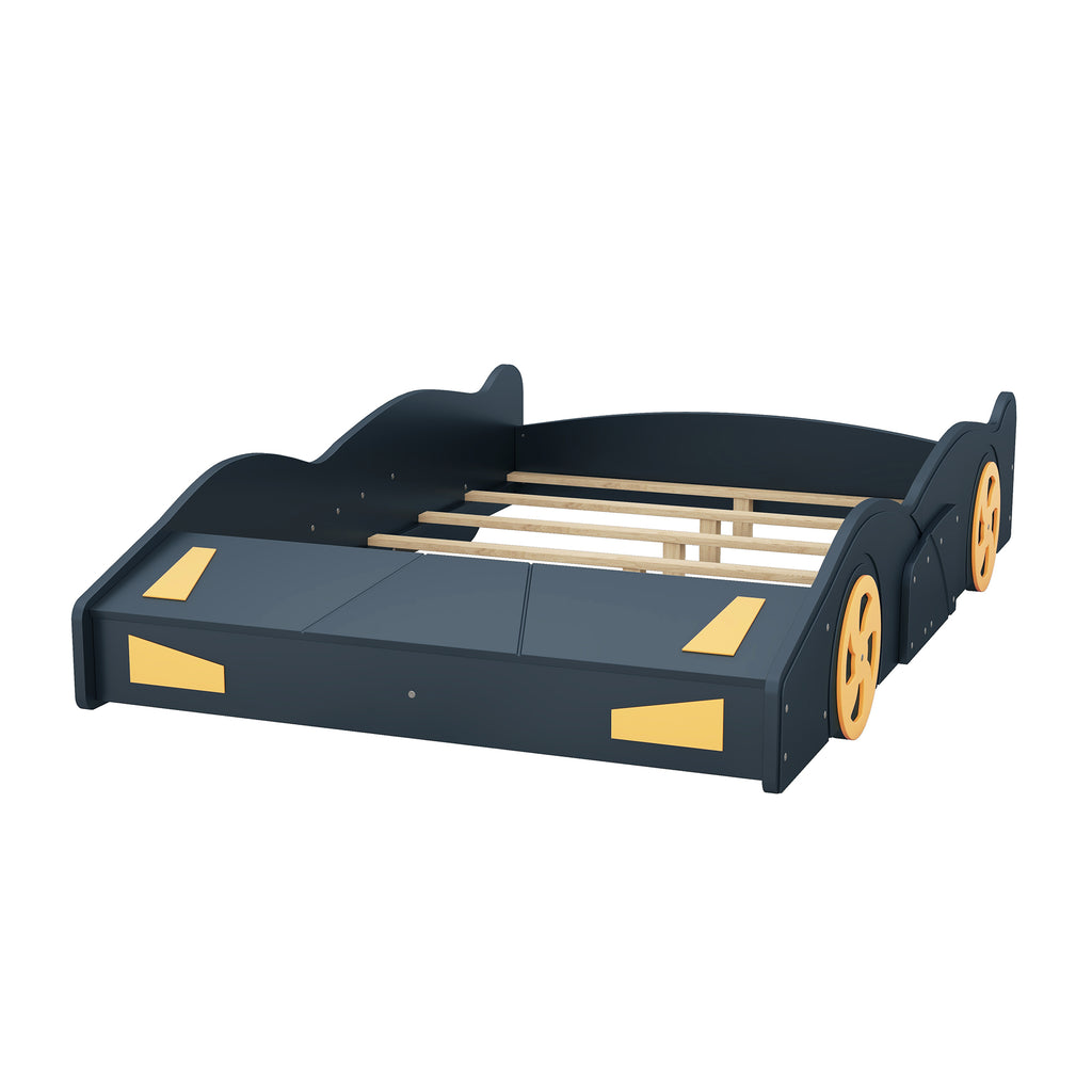 Leoglint Bed Frame Full Size Race Car-Shaped Platform Bed with Wheels and Storage, Dark Blue+Yellow