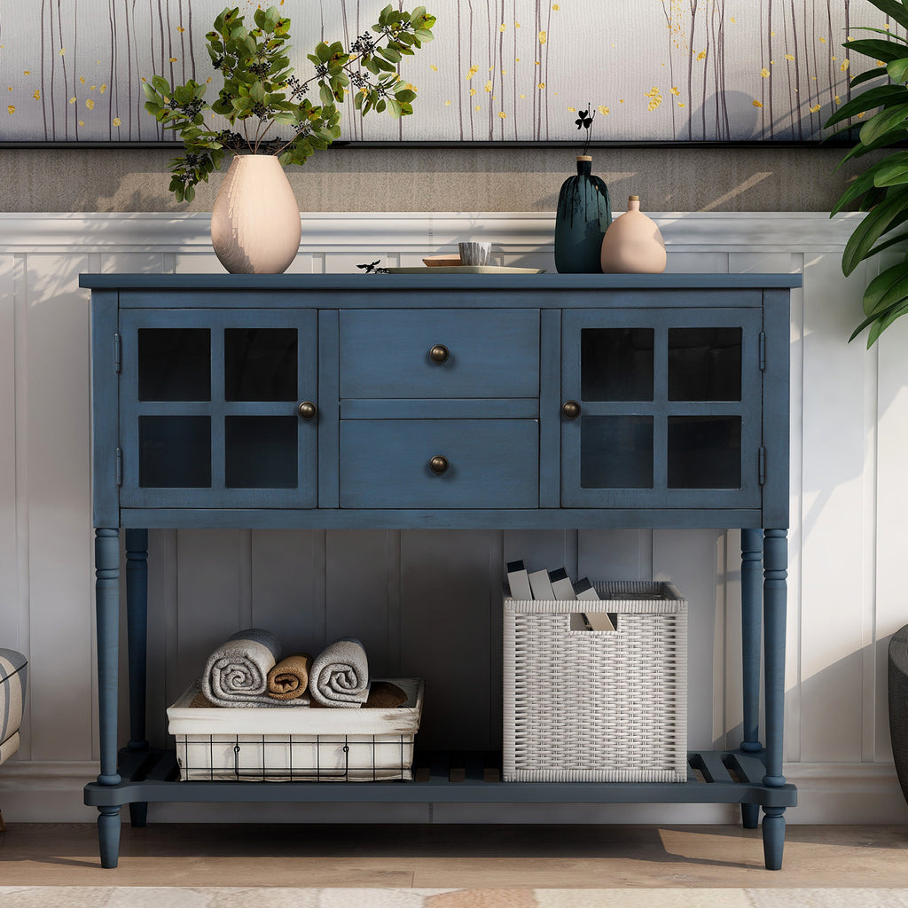 Leoglint TREXM Sideboard Console Table with Bottom Shelf, Farmhouse Wood/Glass Buffet Storage Cabinet Living Room (Antique Navy)