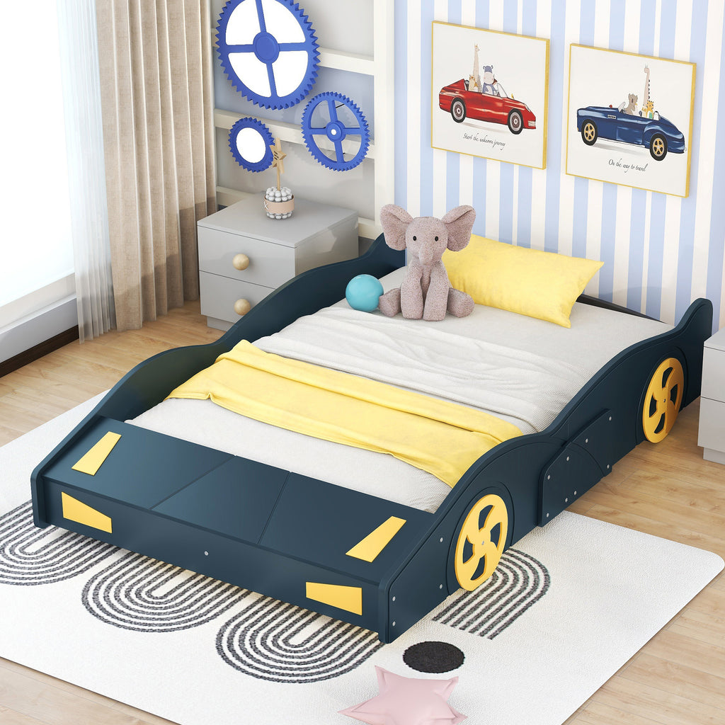 Leoglint Bed Frame Full Size Race Car-Shaped Platform Bed with Wheels and Storage, Dark Blue+Yellow