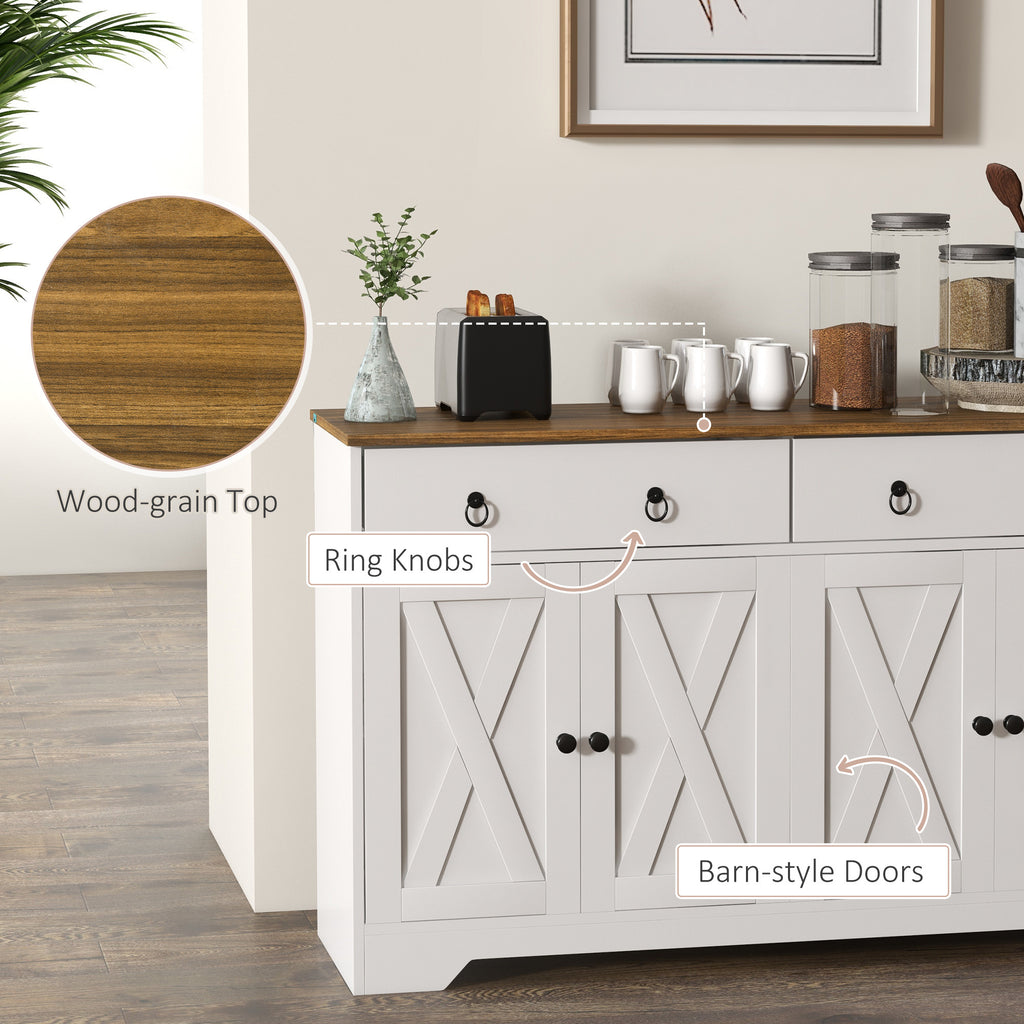 Leoglint Sideboard, Buffet Cabinet with 2 Drawers, 2Storage Cabinets, 4 Barn-Style Doors and Adjustable Shelves, Farmhouse Buffet Table with Storage, Wood Grain Top, White