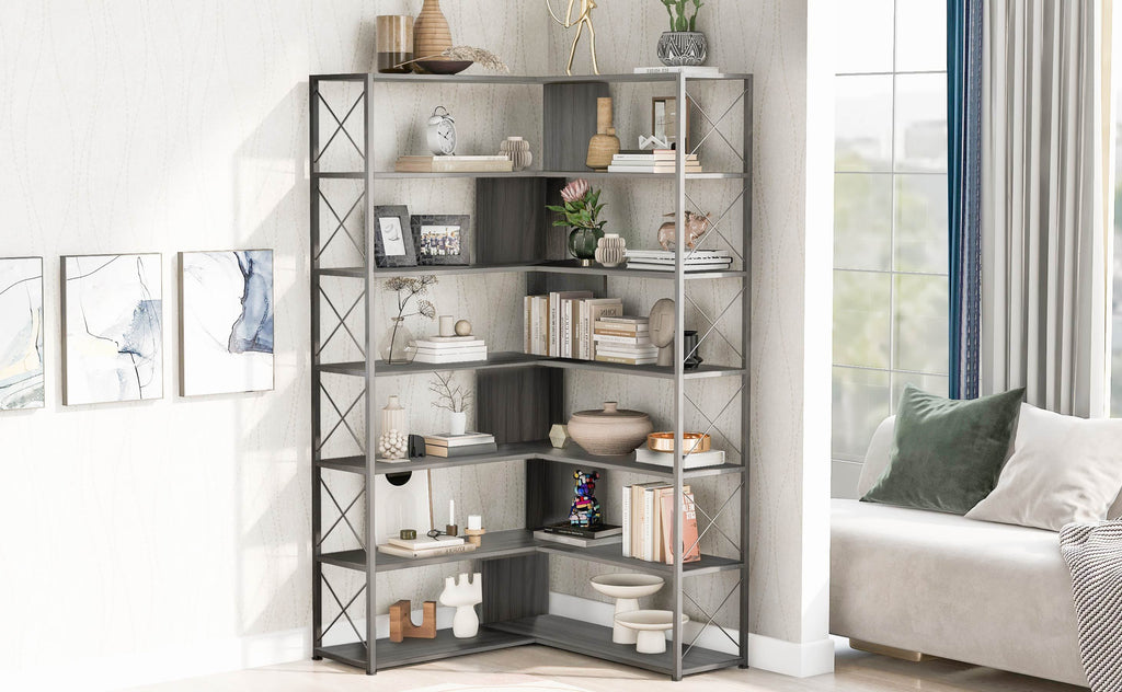 Leoglint Silver+Grey 7-Tier Bookcase Home Office Bookshelf,  L-Shaped Corner Bookcase with Metal Frame, Industrial Style Shelf with Open Storage, MDF Board