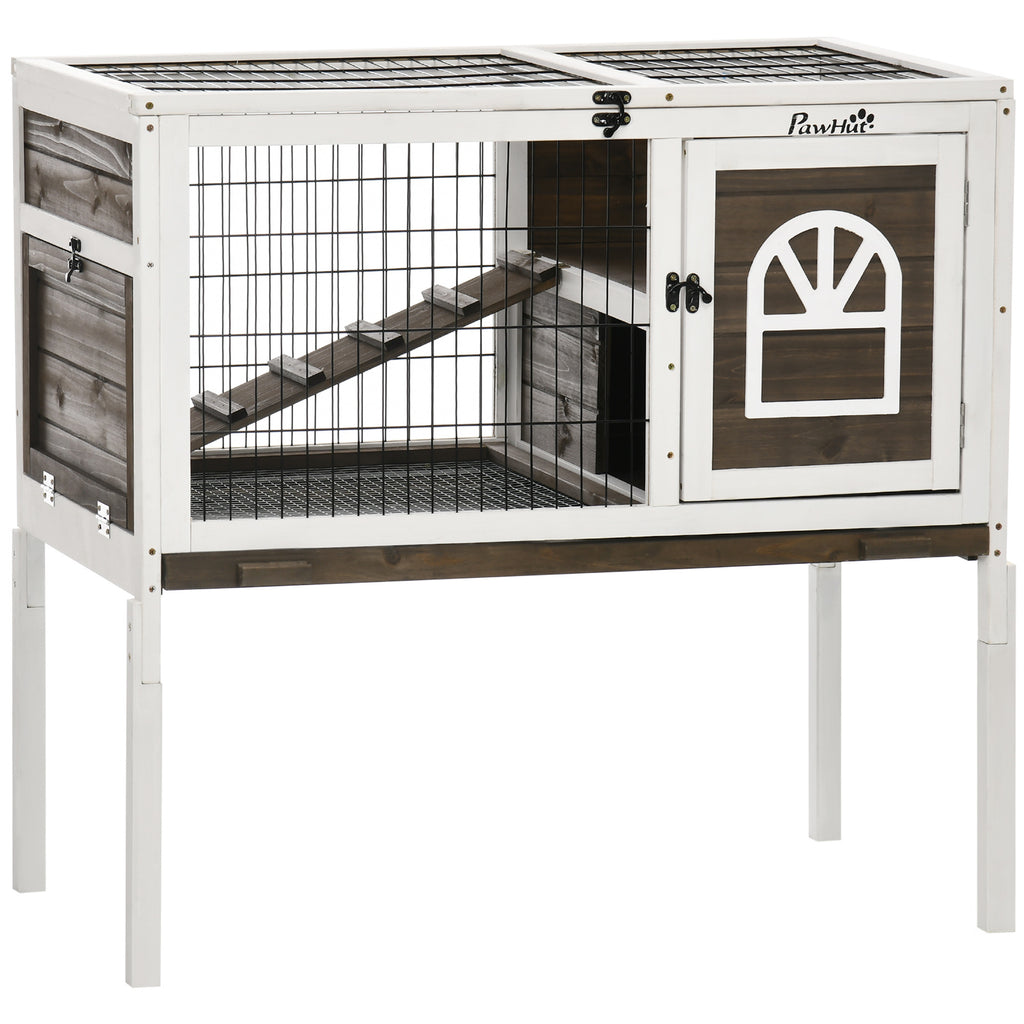 Leoglint Wooden Rabbit Hutch, Indoor Elevated Guinea Pig Cage with Run, Ladder, Lockable Doors and Removable Tray, Coffee