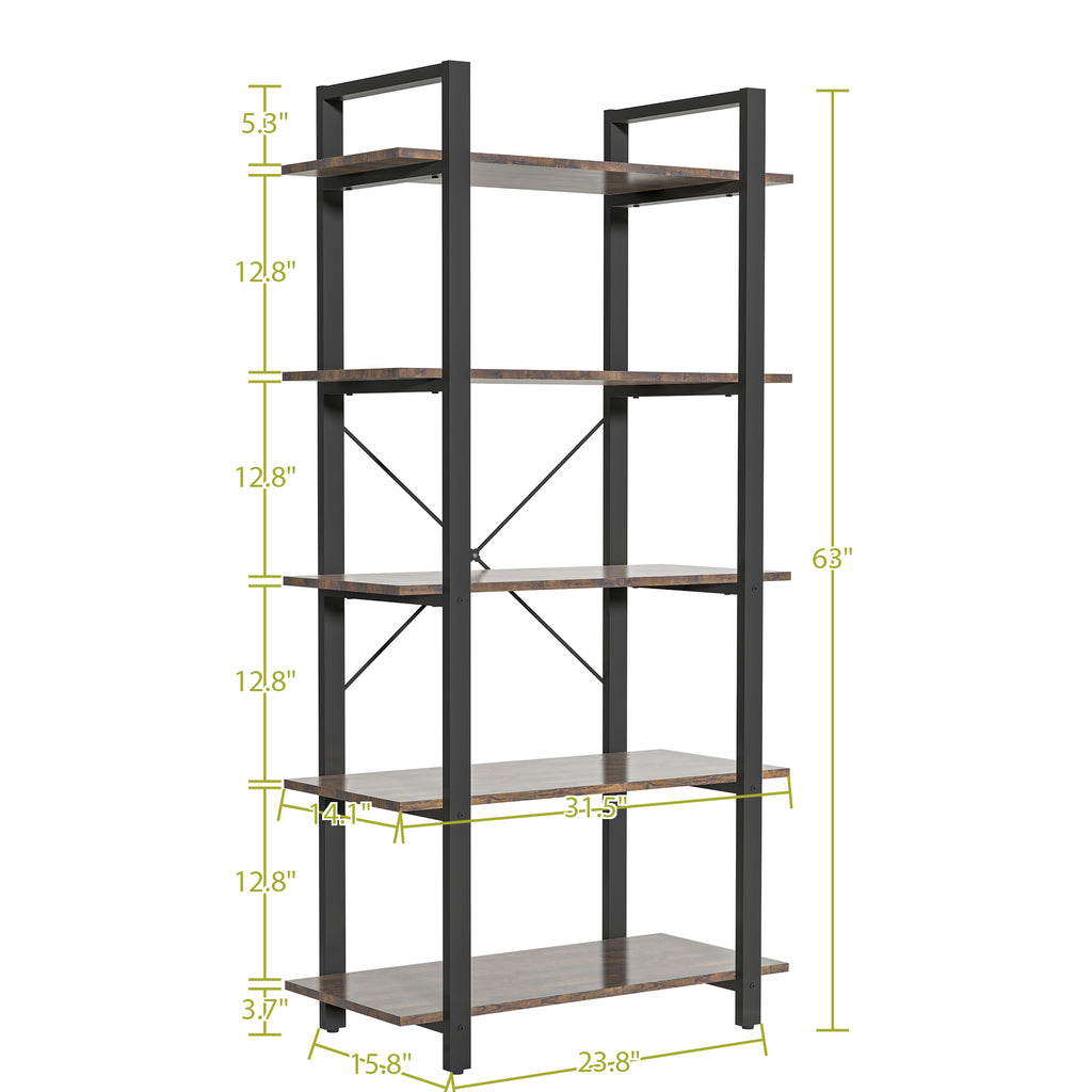 Leoglint 5-Shelf Vintage Industrial Rustic Bookshelf, 5 Tier Wood and Metal Bookcase, Open Etagere Book Shelf, Farmhouse Wooden Bookshelves, Vintage Brown