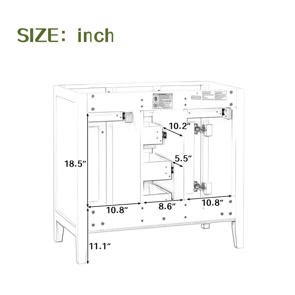 Leoglint 36" Bathroom Vanity without Sink, Cabinet Base Only, Two Cabinets and Five Drawers, Solid Wood Frame, Grey