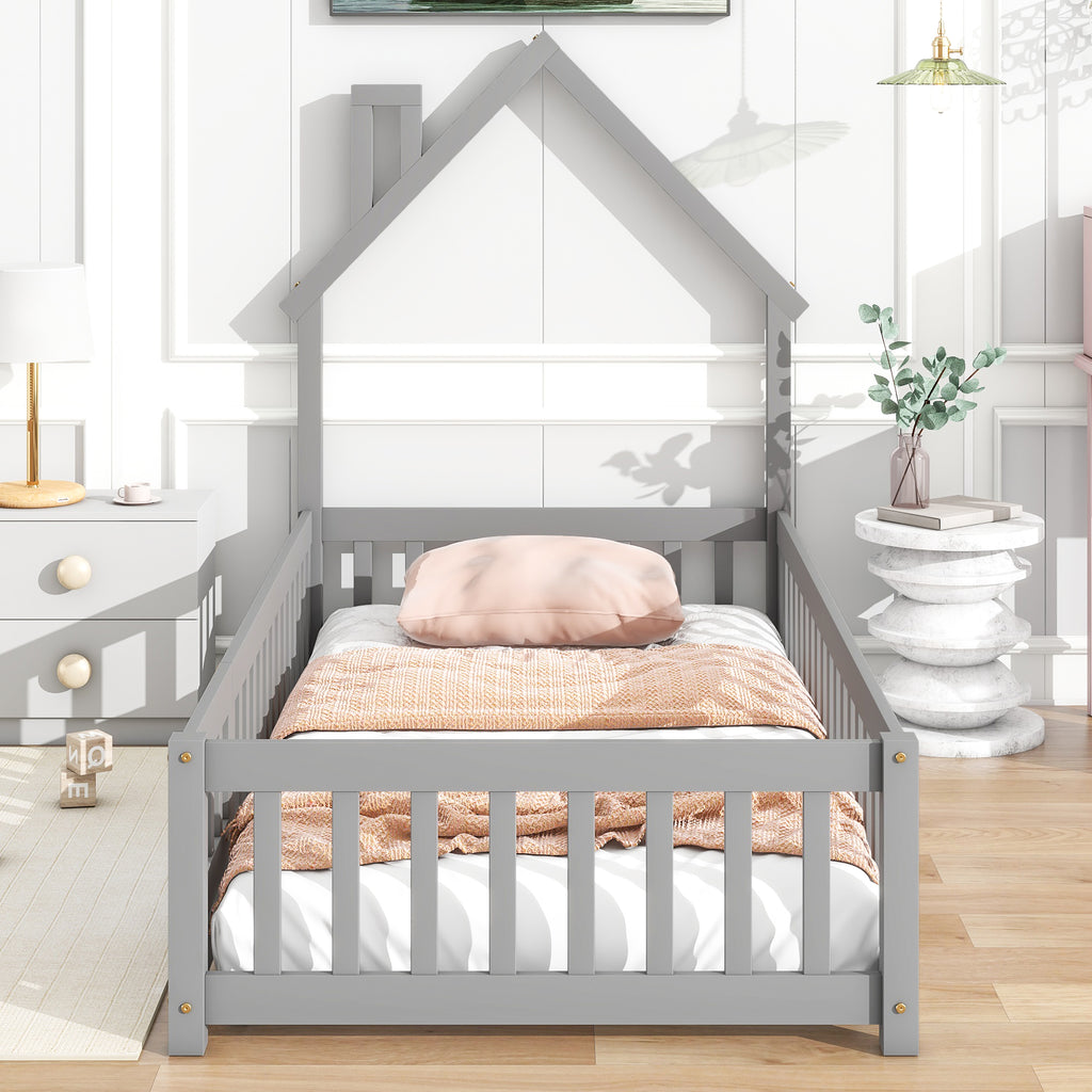 Twin House-Shaped Headboard Floor Bed Frame with Fence,Grey