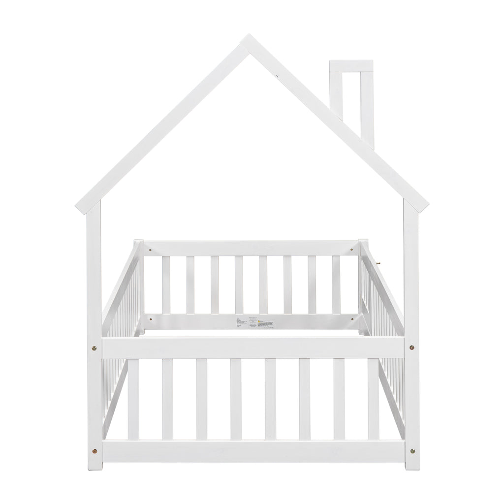 Twin House-Shaped Headboard Floor Bed Frame with Fence,White