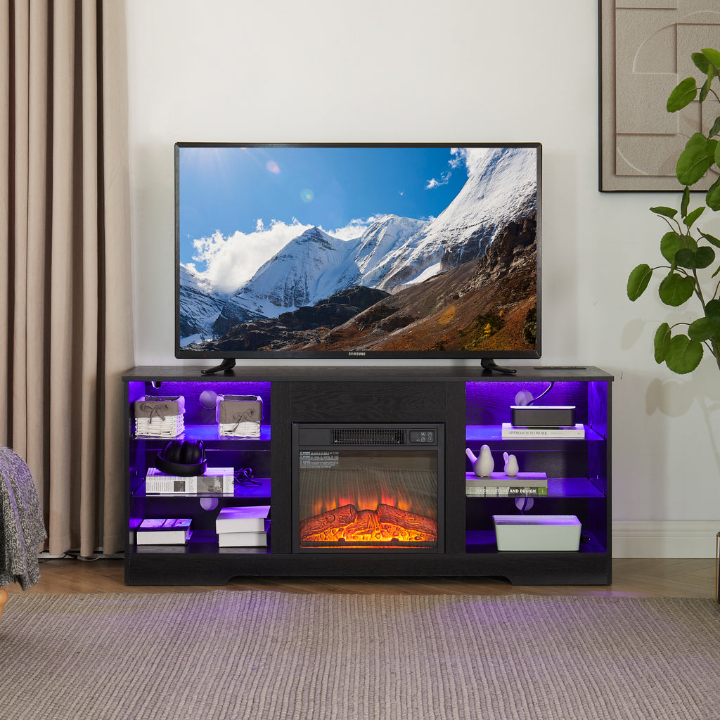 Leoglint TV Stand Electric Fireplace TV Stand with Glass Shelves, 3D Fireplace TV Stand with LED Lights Wood with USB Charging Outlet Modern Television Table Center for TV up to 32-62" Black 58''W*15.5''D*24.4