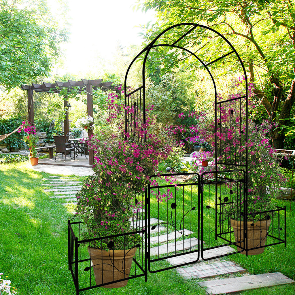 Leoglint Metal Garden Trellis with Gate 79.5'' Wide x 86.6'' High Climbing Plants Support Rose Arch Outdoor Black