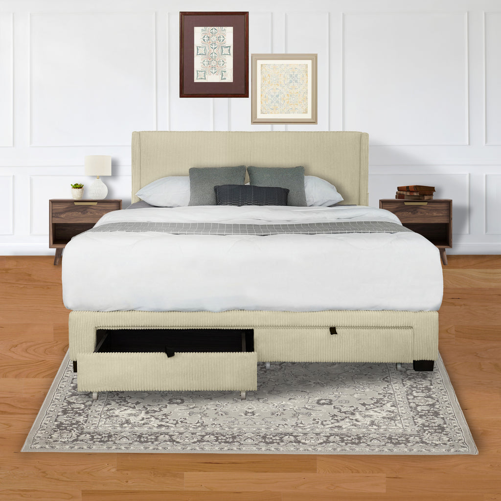 Leoglint Bed Frame CORDUROY VELVET QUEEN FOOTBOARD DRAWER STORAGE UPHOLSTERED WINGBACK BED NO BOX SPRING REQUIRE BEIGE WHITE