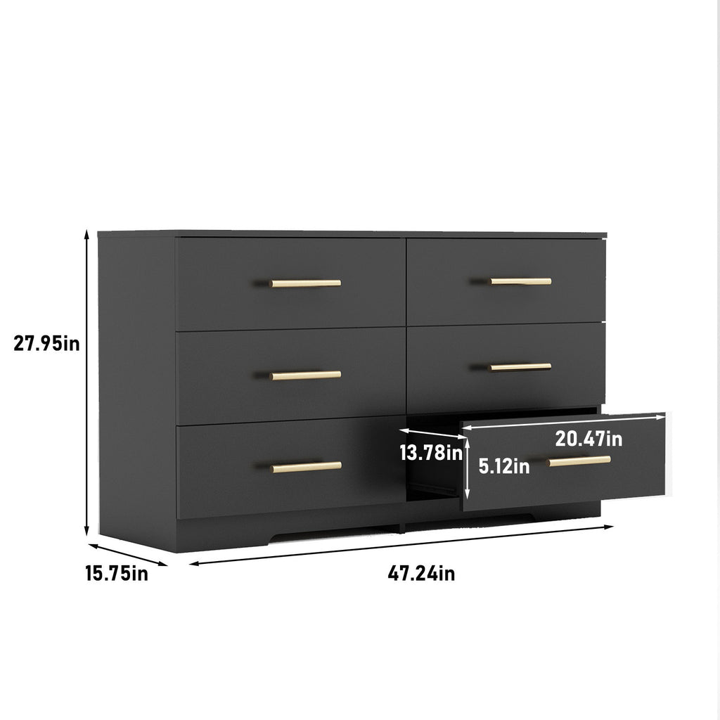 Leoglint Drawer Chest Black color Large 6 drawers chest of drawer dressers table with golden handle