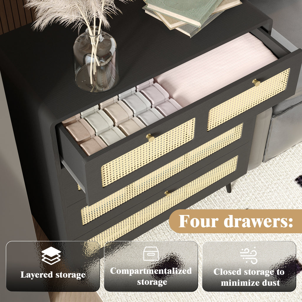 Leoglint 6 Drawer Chest Drawer Dresser, Modern Rattan Dresser Chest with Wide Drawers and Metal Handles, Farmhouse Wood Storage Chest of Drawers for Bedroom, Living Room, Hallway, Entryway