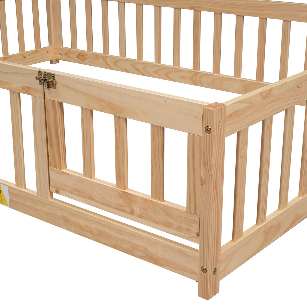 Leoglint Bed Frame Full House-Shaped Headboard Floor Bed with Fence,Natural