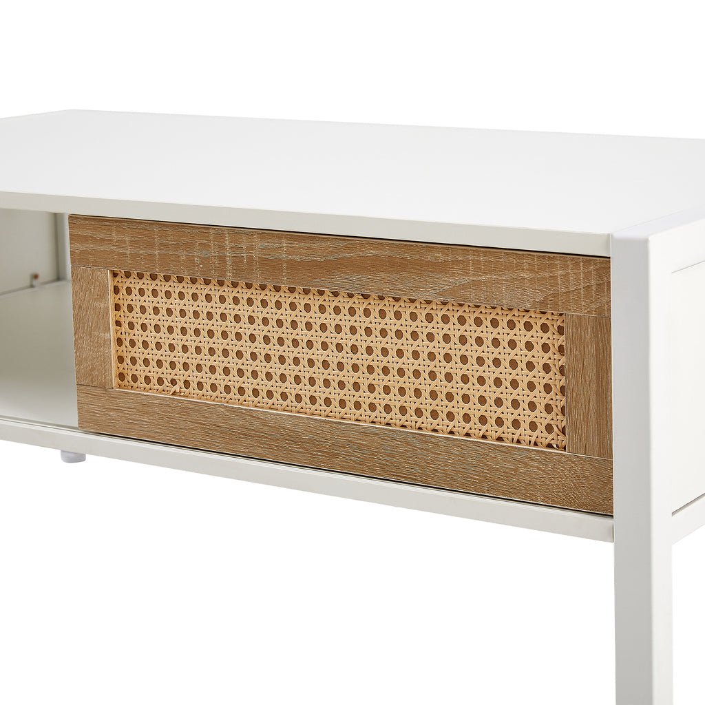 Leoglint 40.16" Rattan Coffee table, sliding door for storage, metal legs, Modern table  for living room , white