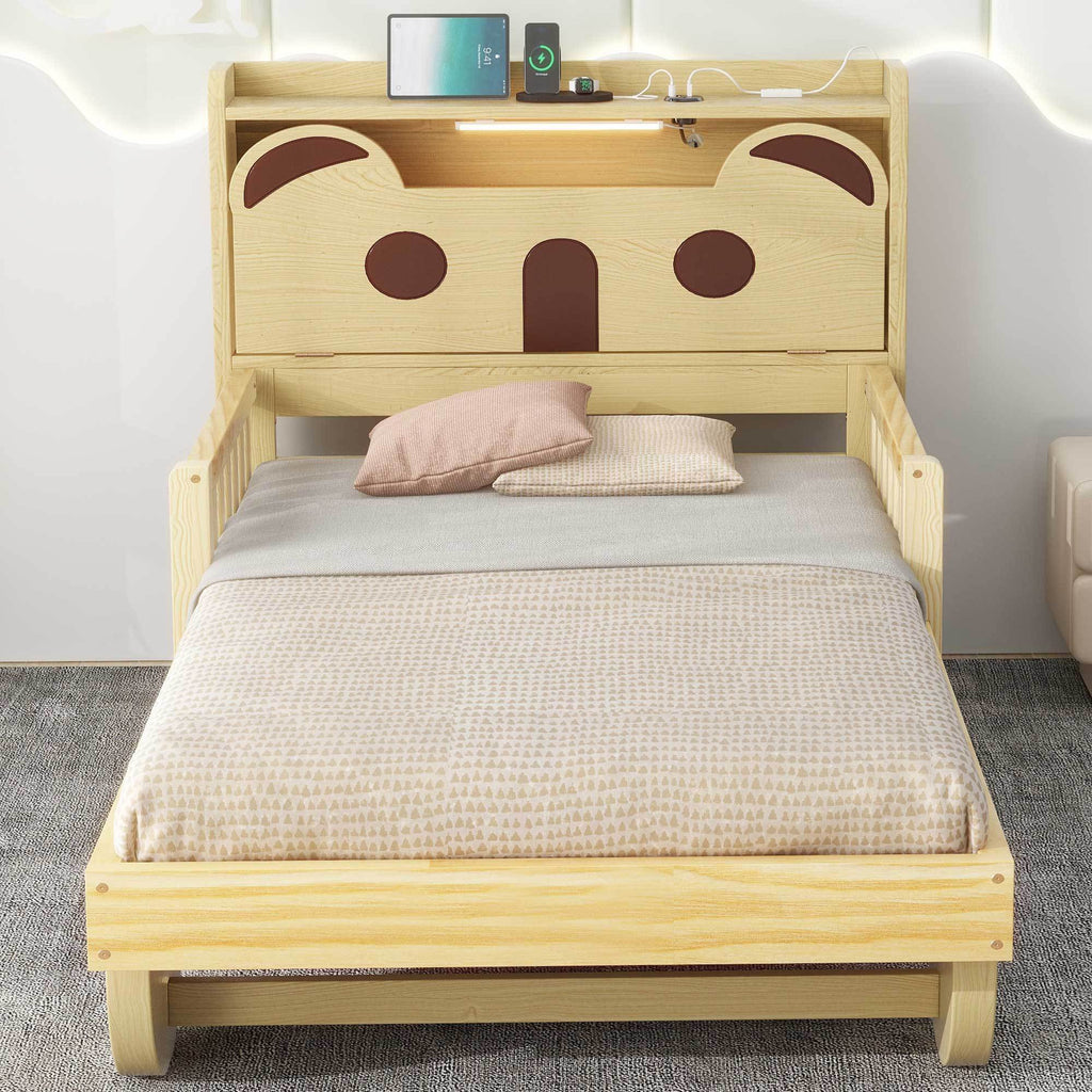 Leoglint Twin Size Car Bed Frame with Bear-Shaped Headboard, USB and LED, Natural