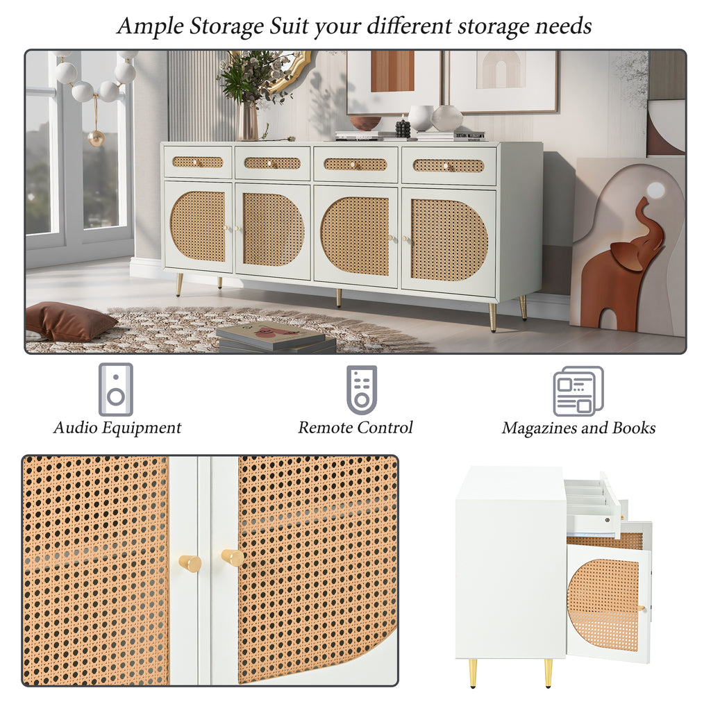 Leoglint U-Can TV Stand with Rattan Door,Woven Media Console Table with Adjustable Shelves for TVs up to 65",Storage Sideboard Cabinet for Living Room