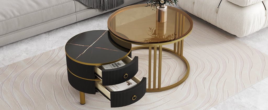 Leoglint ON-TREND Φ27.5'' & Φ19.6'' Stackable Coffee Table with 2 Drawers, Nesting Tables with Brown Tempered Glass and High Gloss Marble Tabletop, Set of 2, Round Center Table for Living Room, Black