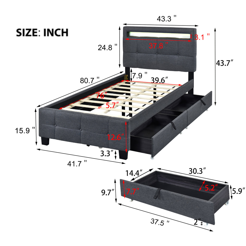 Leoglint Twin Size Upholstered Platform Bed  Frame with LED Frame and 2 Drawers, Linen Fabric, Gray