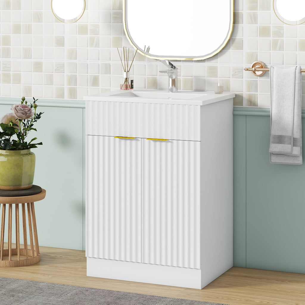 Leoglint [Video]24inch modern bathroom vanity for small bathroom,white storge cabinet with ceramic sink