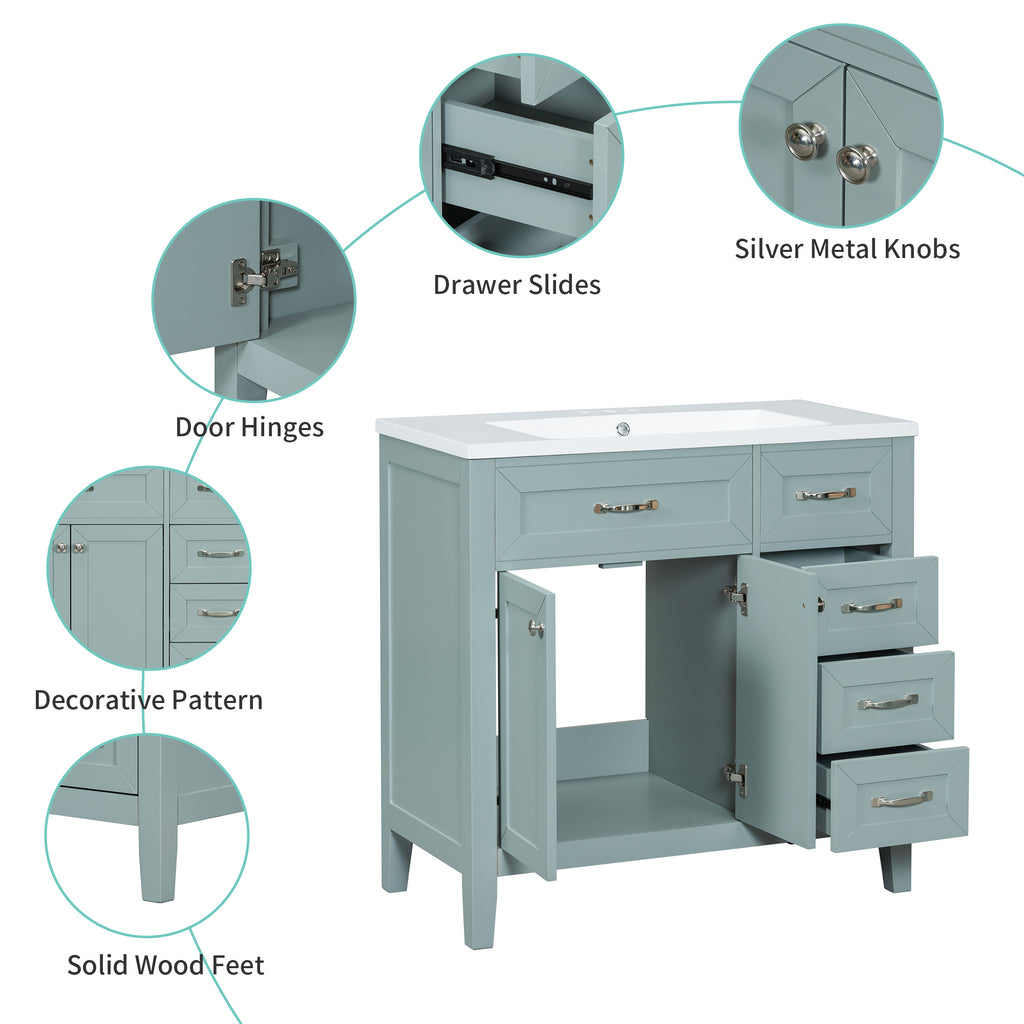 Leoglint 36" Bathroom Vanity without Sink, Cabinet Base Only, Bathroom Cabinet with Drawers, Solid Frame and MDF Board, Green