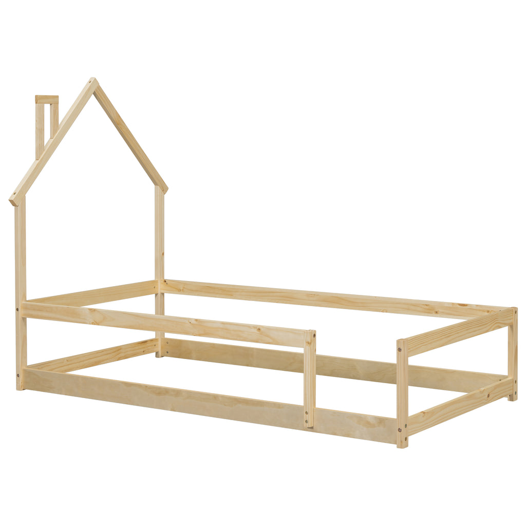 Twin Size Wood bed Frame with House-shaped Headboard Floor bed with Fences,Natural