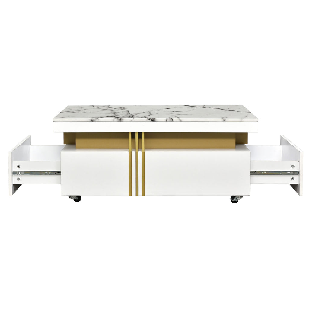 Leoglint [VIDEO provided] ON-TREND Contemporary Coffee Table with Faux Marble Top, Rectangle Cocktail Table with Caster Wheels, Moderate Luxury Center Table with Gold Metal Bars for Living Room, White