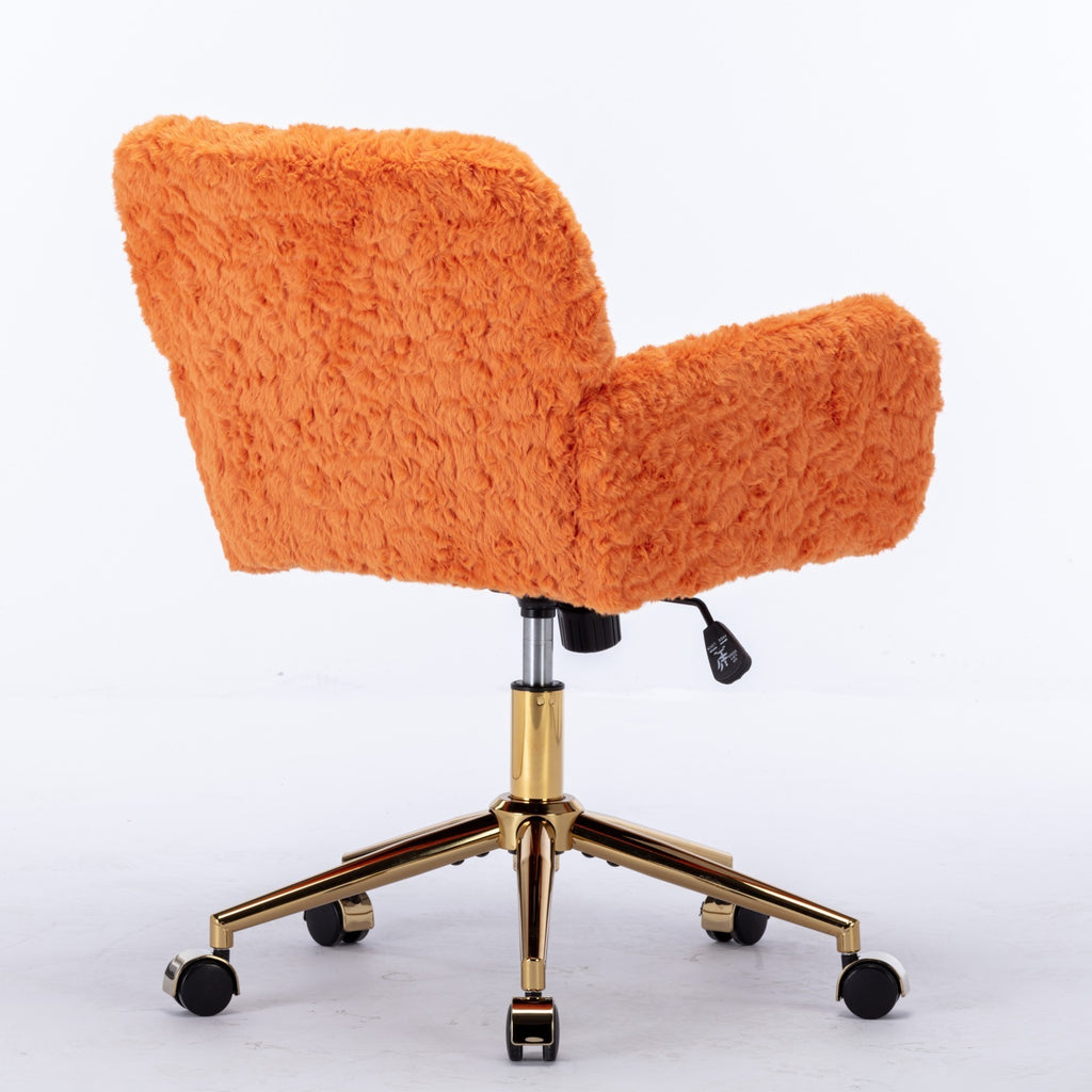 Leoglint A&A Furniture Office Chair,Artificial rabbit hair Home Office Chair with Golden Metal Base,Adjustable Desk Chair Swivel Office Chair,Vanity Chair(Orange)