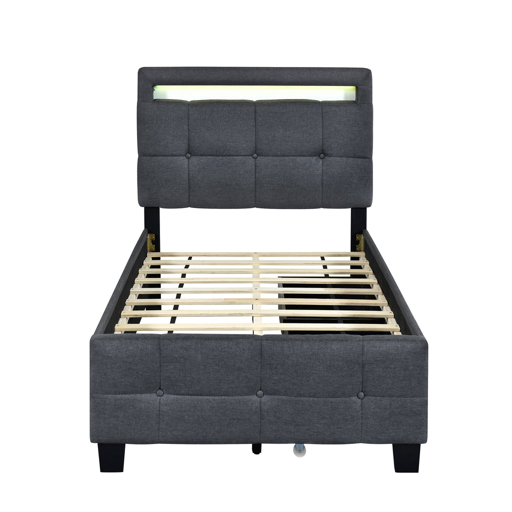 Leoglint Twin Size Upholstered Platform Bed  Frame with LED Frame and 2 Drawers, Linen Fabric, Gray