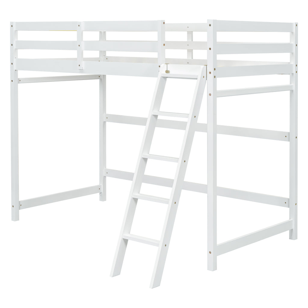 Leoglint Twin Size High Loft Bed Frame with inclined Ladder, Guardrails,White