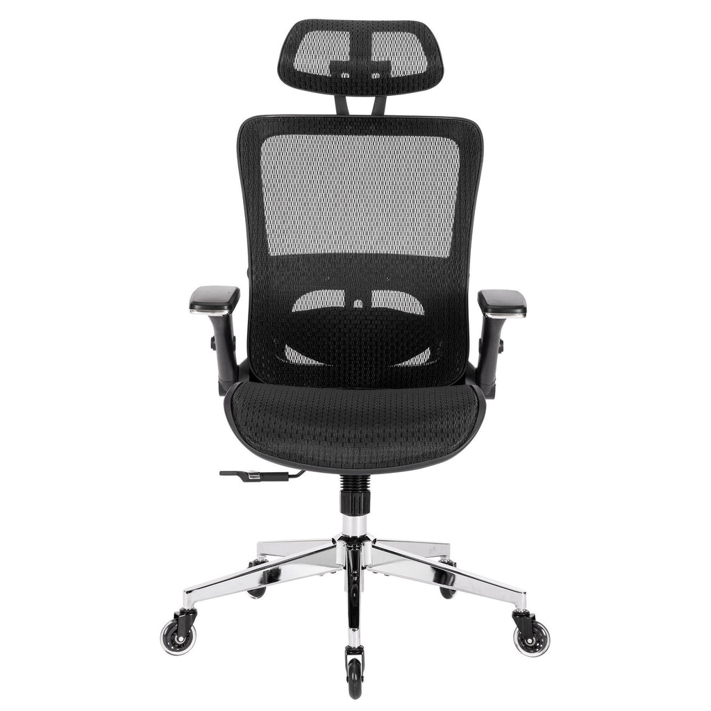 Leoglint BLACK Ergonomic Mesh Office Chair, High Back - Adjustable Headrest with Flip-Up Arms, Tilt and lock Function, Lumbar Support and blade Wheels, KD chrome metal legs