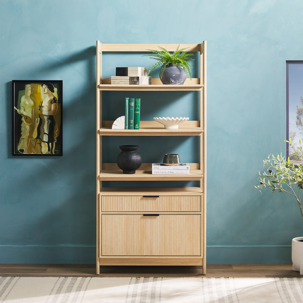 Leoglint Transitional Wide Bookshelf with Drawers on Bottom - Oak